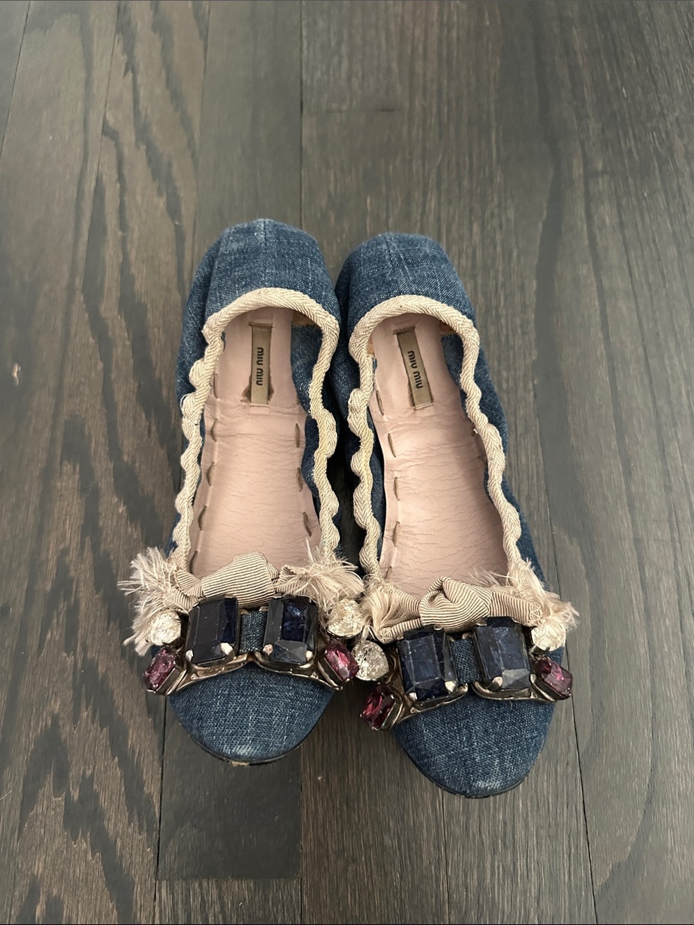 Miu Miu Denim Jeweled Ballet Flats in Blue and Cream